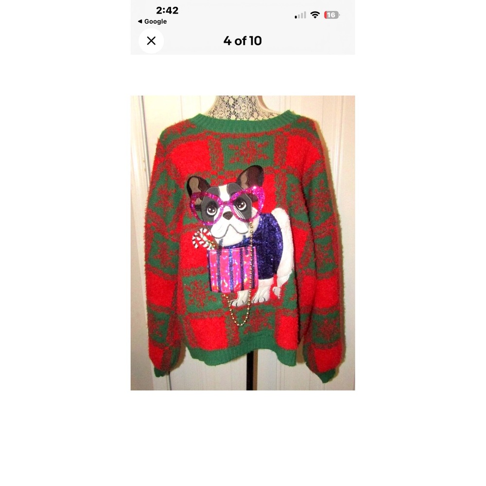 Holiday Time French Bulldog Christmas Sweater Red Green Plaid Sequin 3X 24W/26W